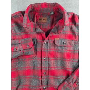 Orvis Flannel Shirt Men Size Medium Red Grey Plaid Button Down Pockets